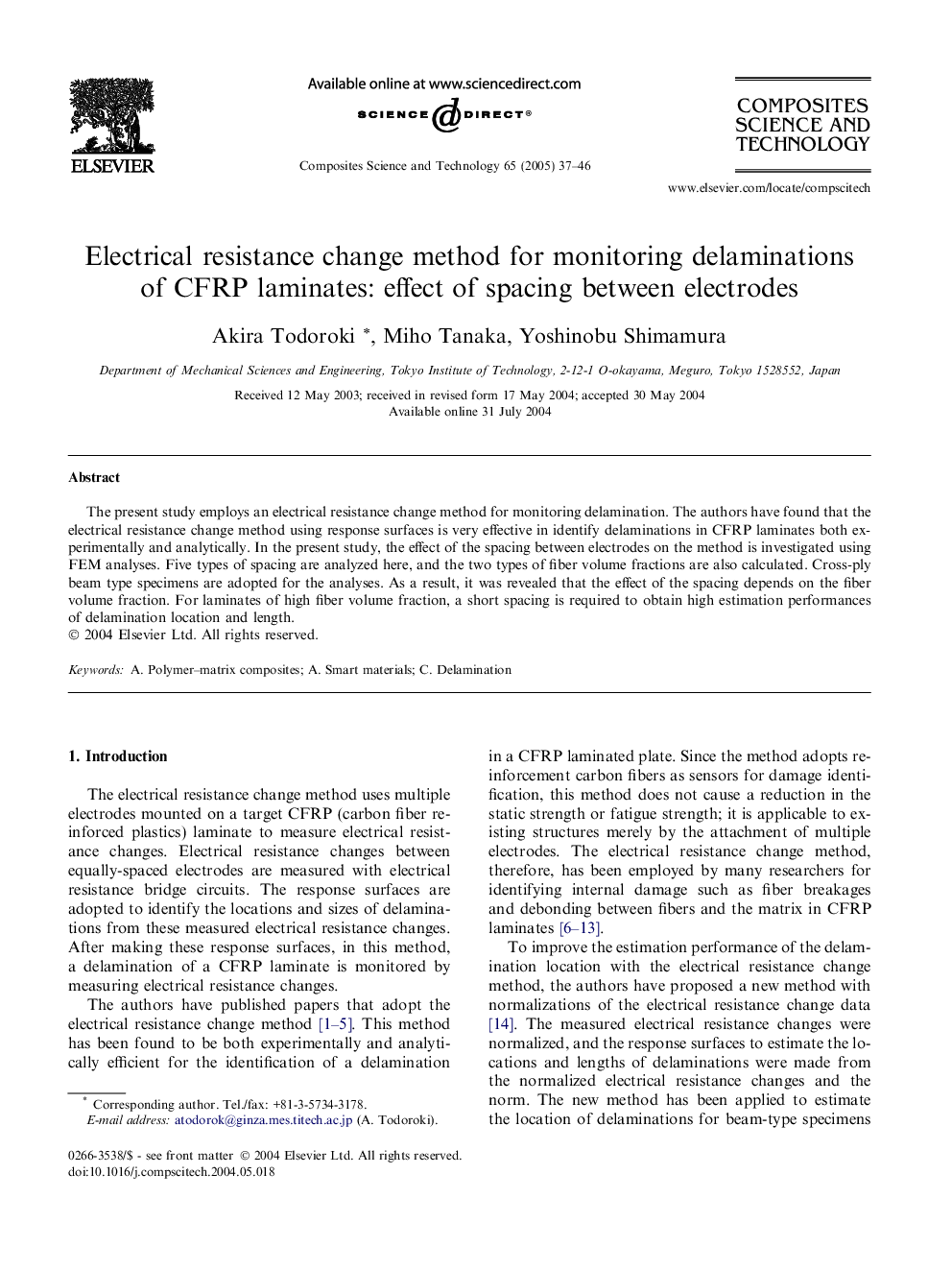 Electrical resistance change method for monitoring delaminations of CFRP laminates: effect of spacing between electrodes