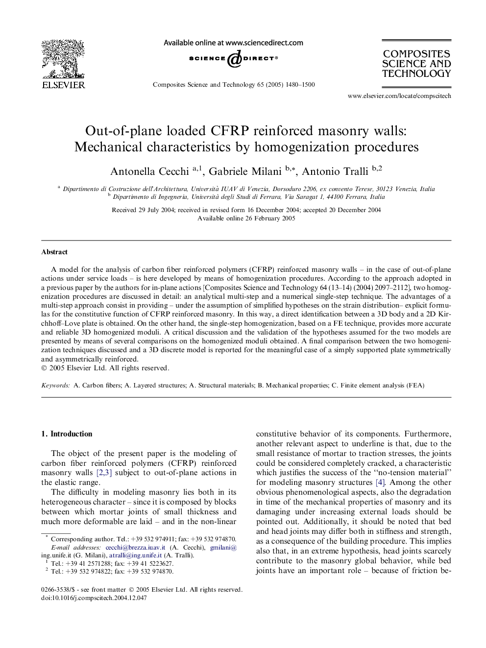 Out-of-plane loaded CFRP reinforced masonry walls: Mechanical characteristics by homogenization procedures