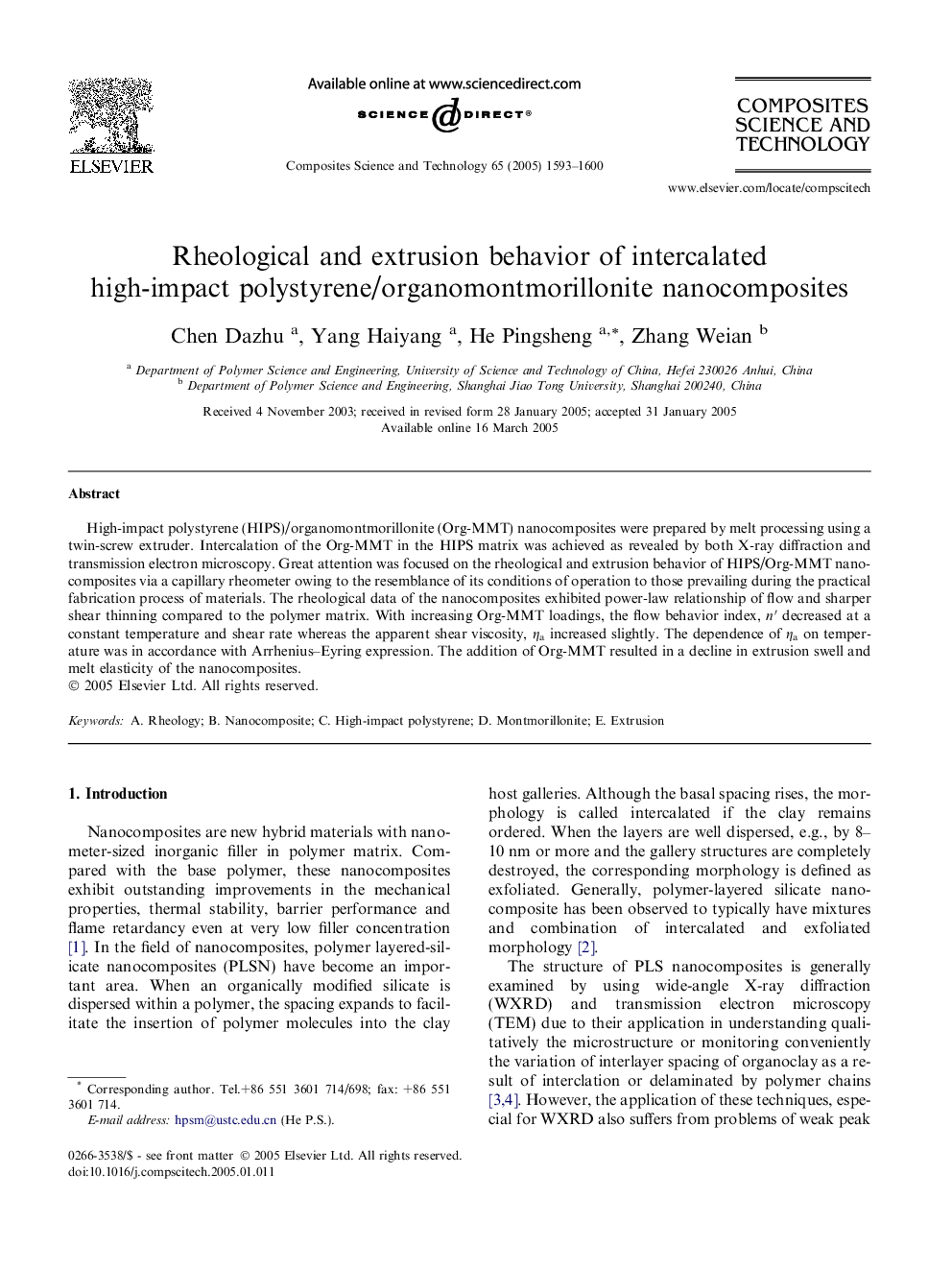 Rheological and extrusion behavior of intercalated high-impact polystyrene/organomontmorillonite nanocomposites