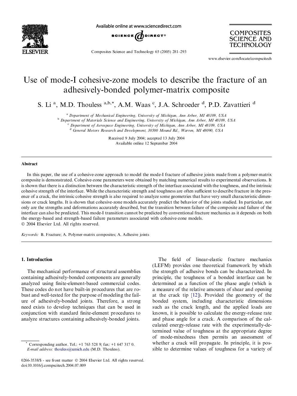 Use of mode-I cohesive-zone models to describe the fracture of an adhesively-bonded polymer-matrix composite