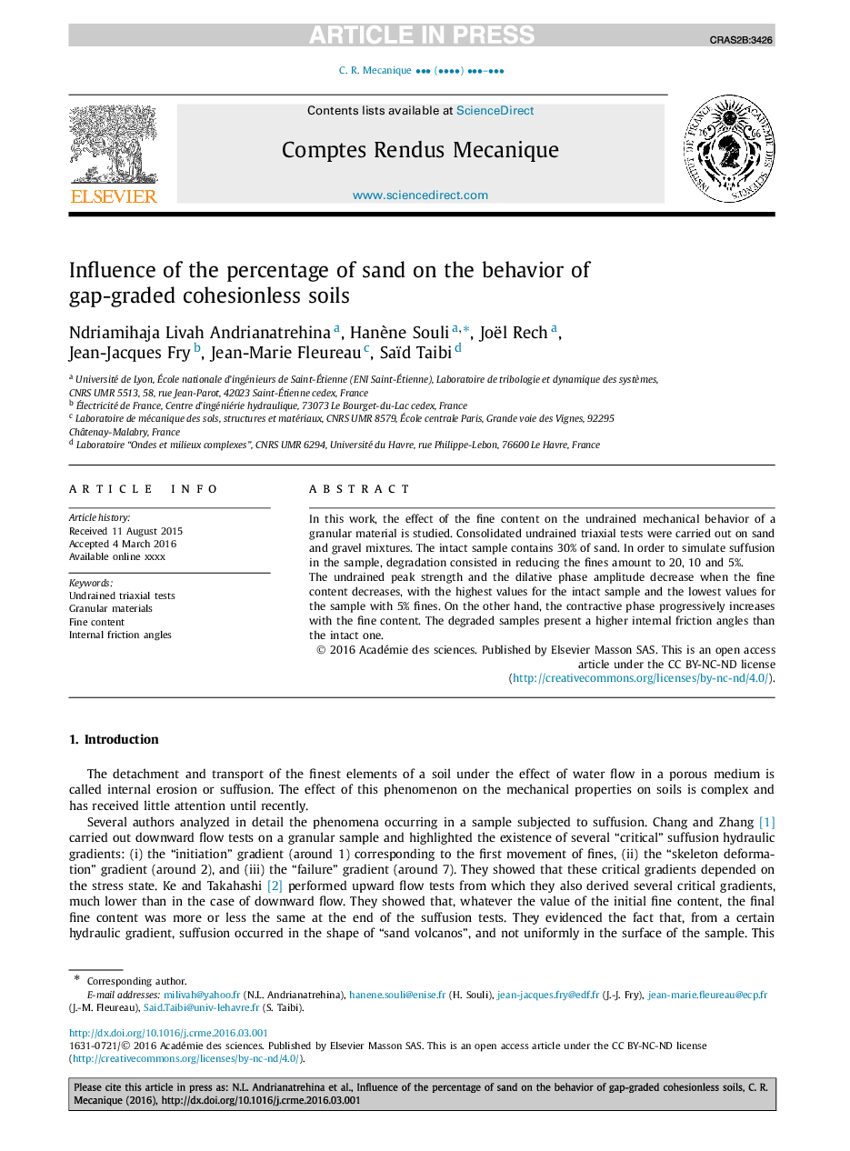 Influence of the percentage of sand on the behavior of gap-graded cohesionless soils