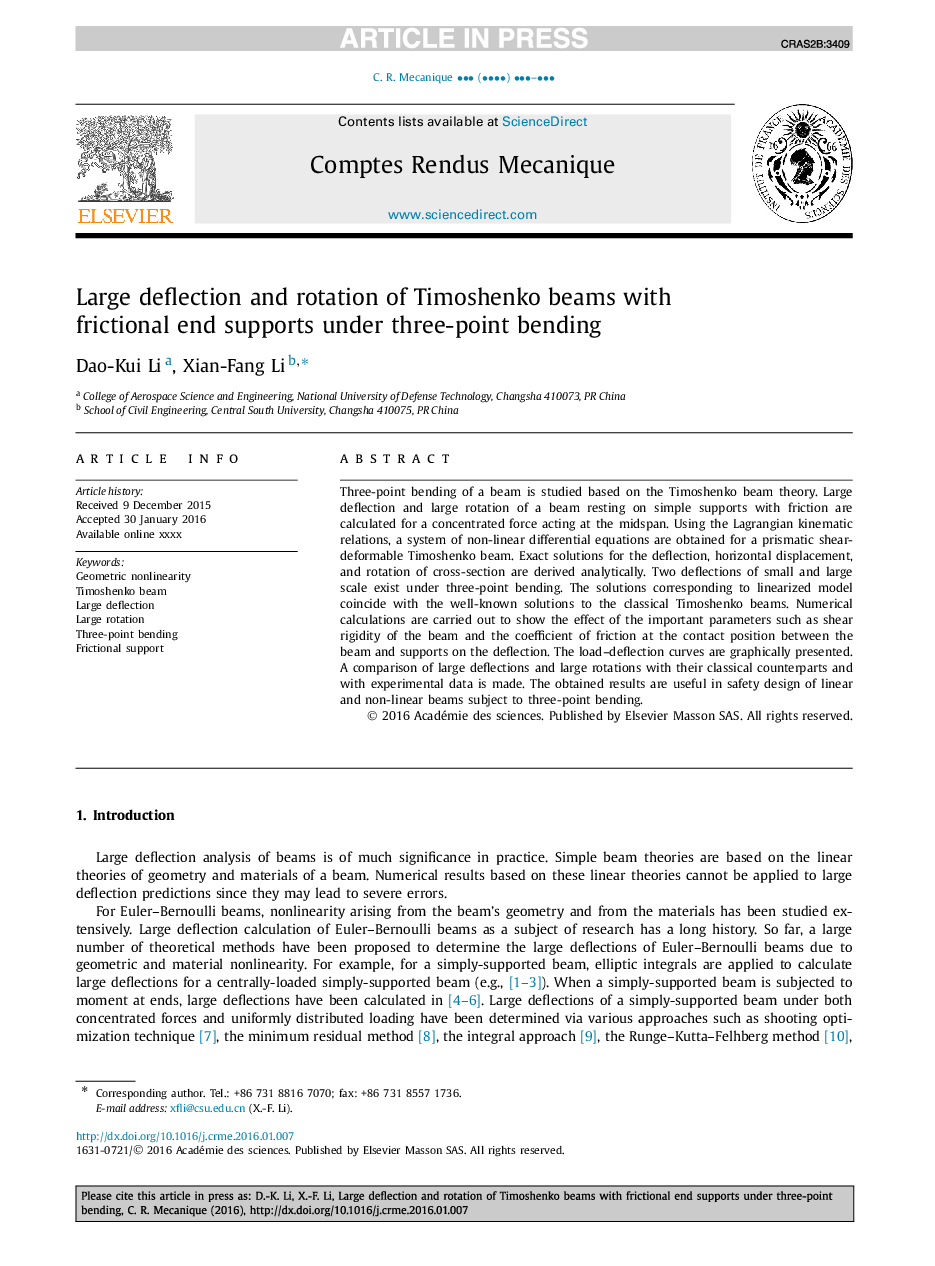 Large deflection and rotation of Timoshenko beams with frictional end supports under three-point bending