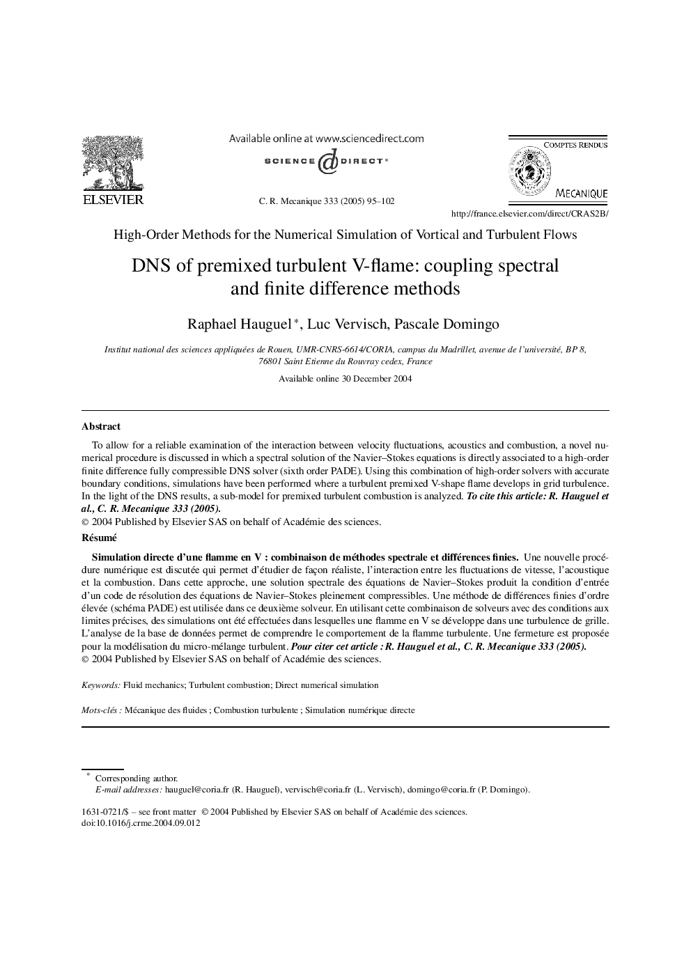 DNS of premixed turbulent V-flame: coupling spectral and finite difference methods