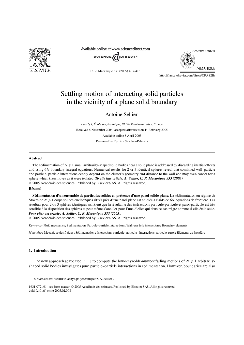 Settling motion of interacting solid particles in the vicinity of a plane solid boundary