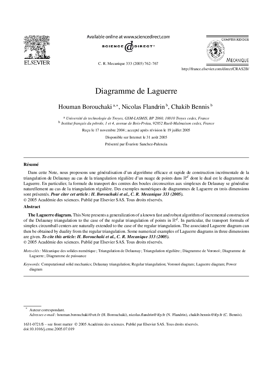 عکس صفحه اول مقاله: Diagramme de Laguerre Diagramme de Laguerre