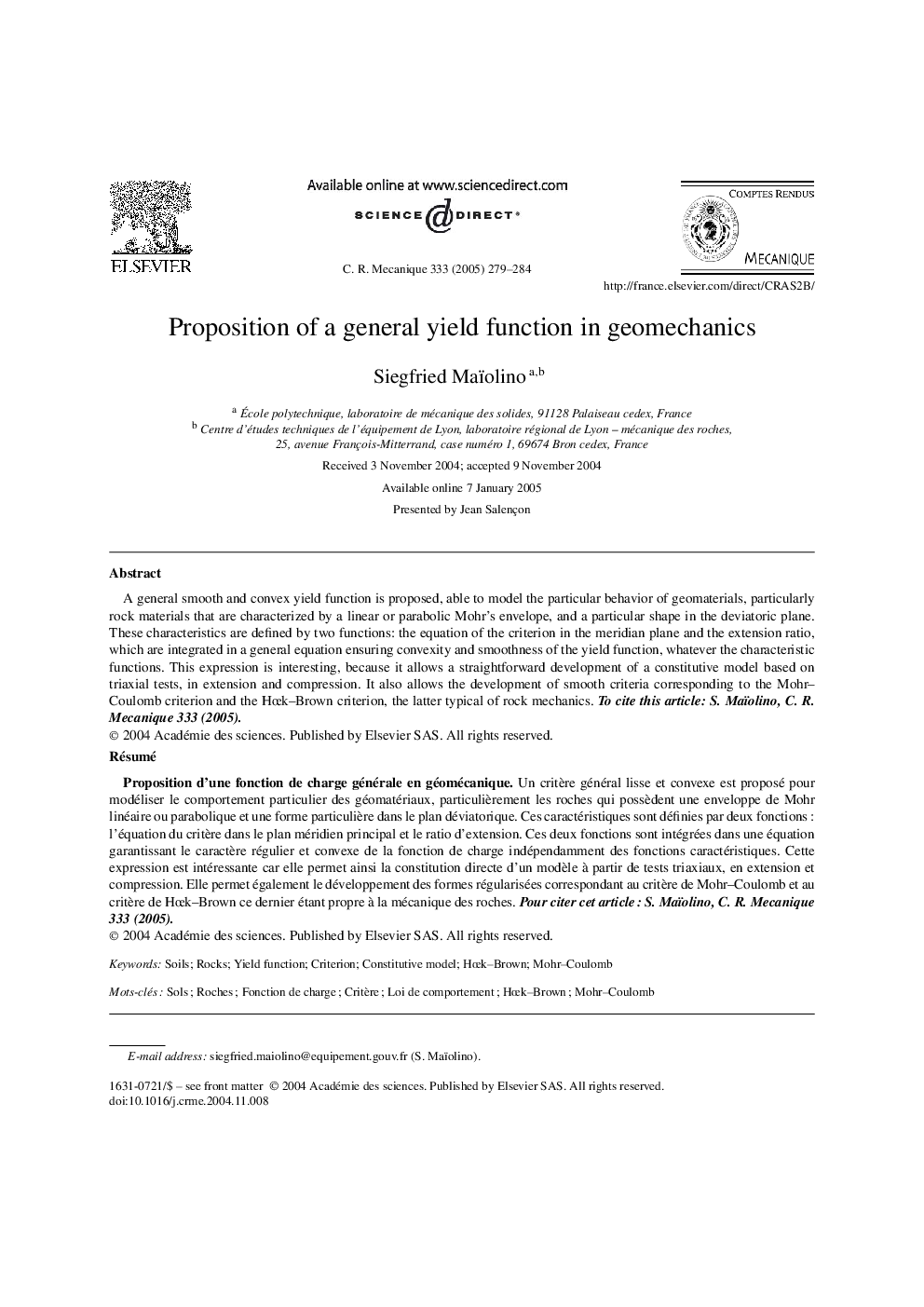 Proposition of a general yield function in geomechanics