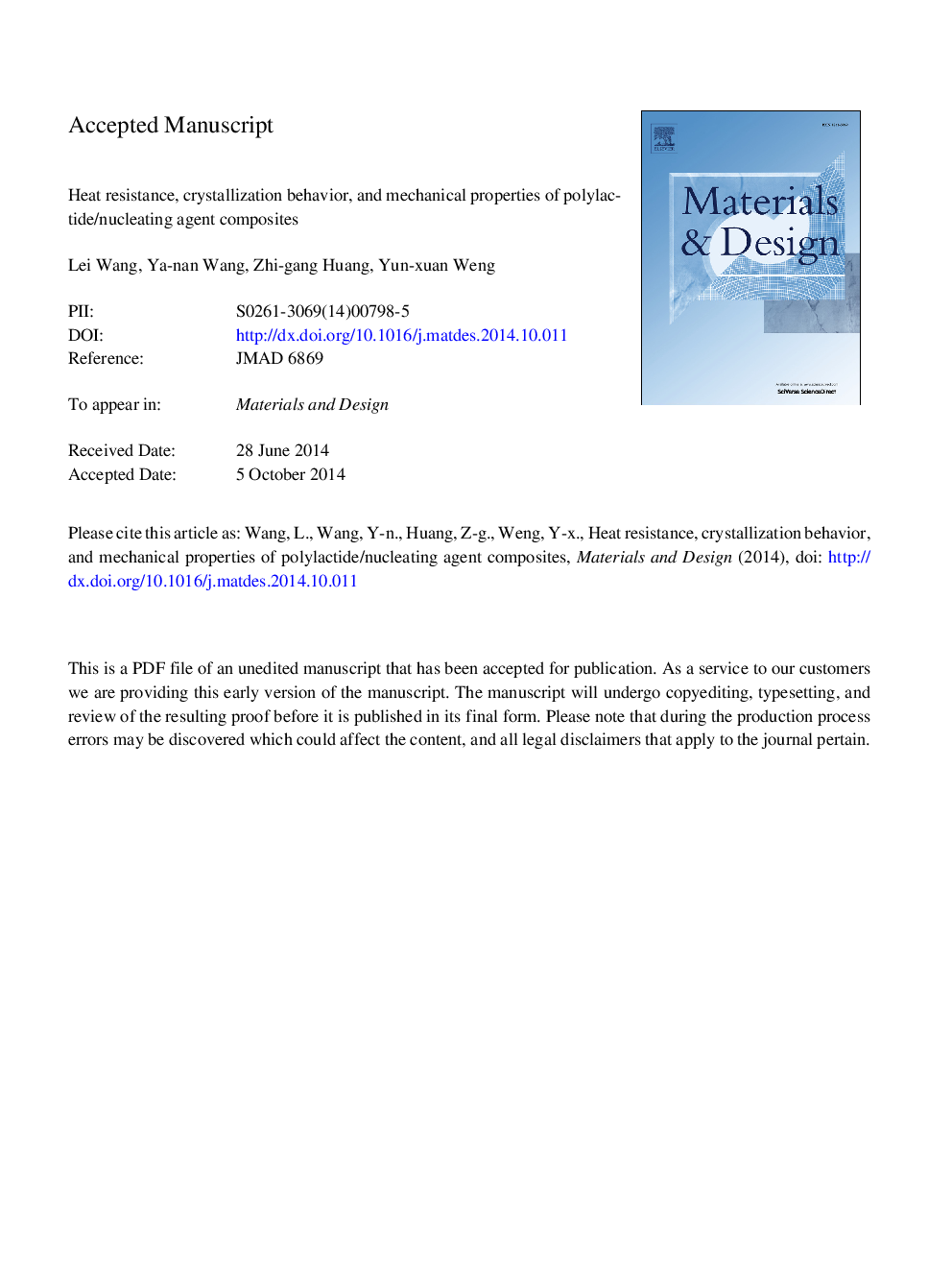 Heat resistance, crystallization behavior, and mechanical properties of polylactide/nucleating agent composites