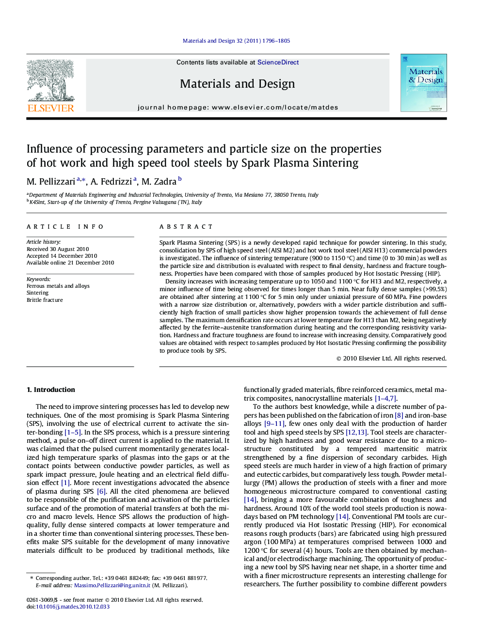 Influence of processing parameters and particle size on the properties of hot work and high speed tool steels by Spark Plasma Sintering