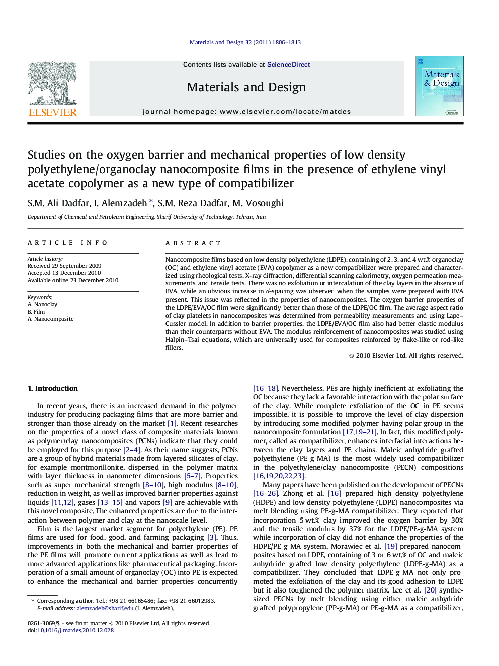 Studies on the oxygen barrier and mechanical properties of low density polyethylene/organoclay nanocomposite films in the presence of ethylene vinyl acetate copolymer as a new type of compatibilizer