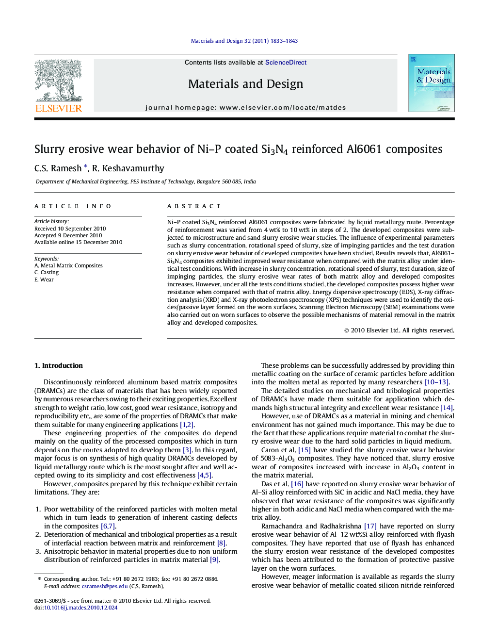 Slurry erosive wear behavior of Ni-P coated Si3N4 reinforced Al6061 composites