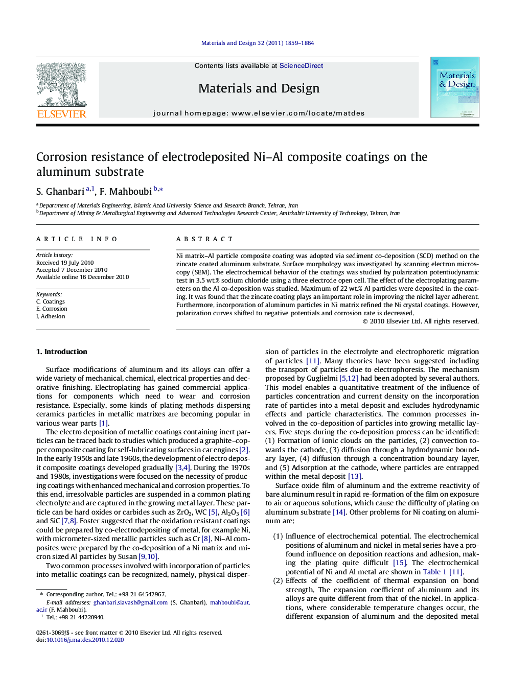 Corrosion resistance of electrodeposited Ni-Al composite coatings on the aluminum substrate