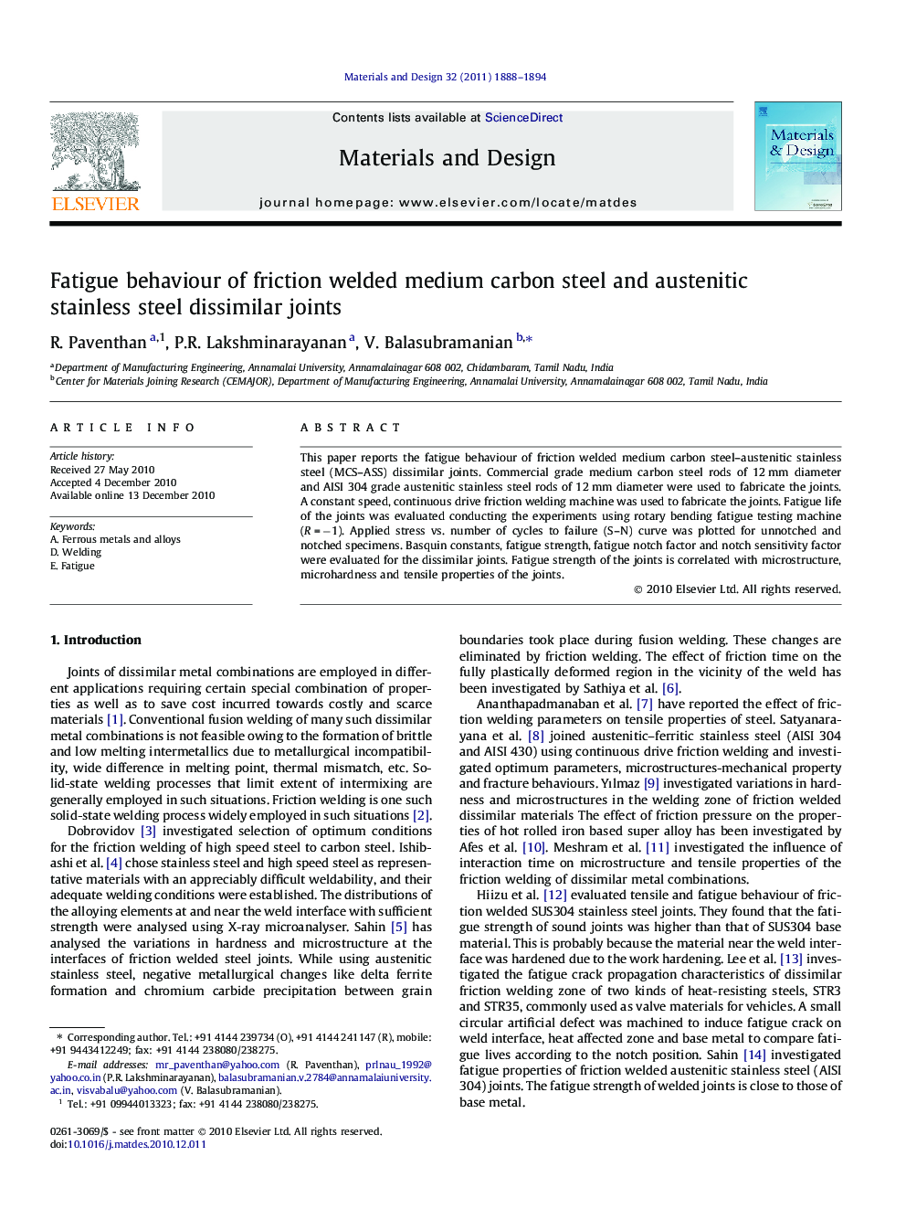 Fatigue behaviour of friction welded medium carbon steel and austenitic stainless steel dissimilar joints