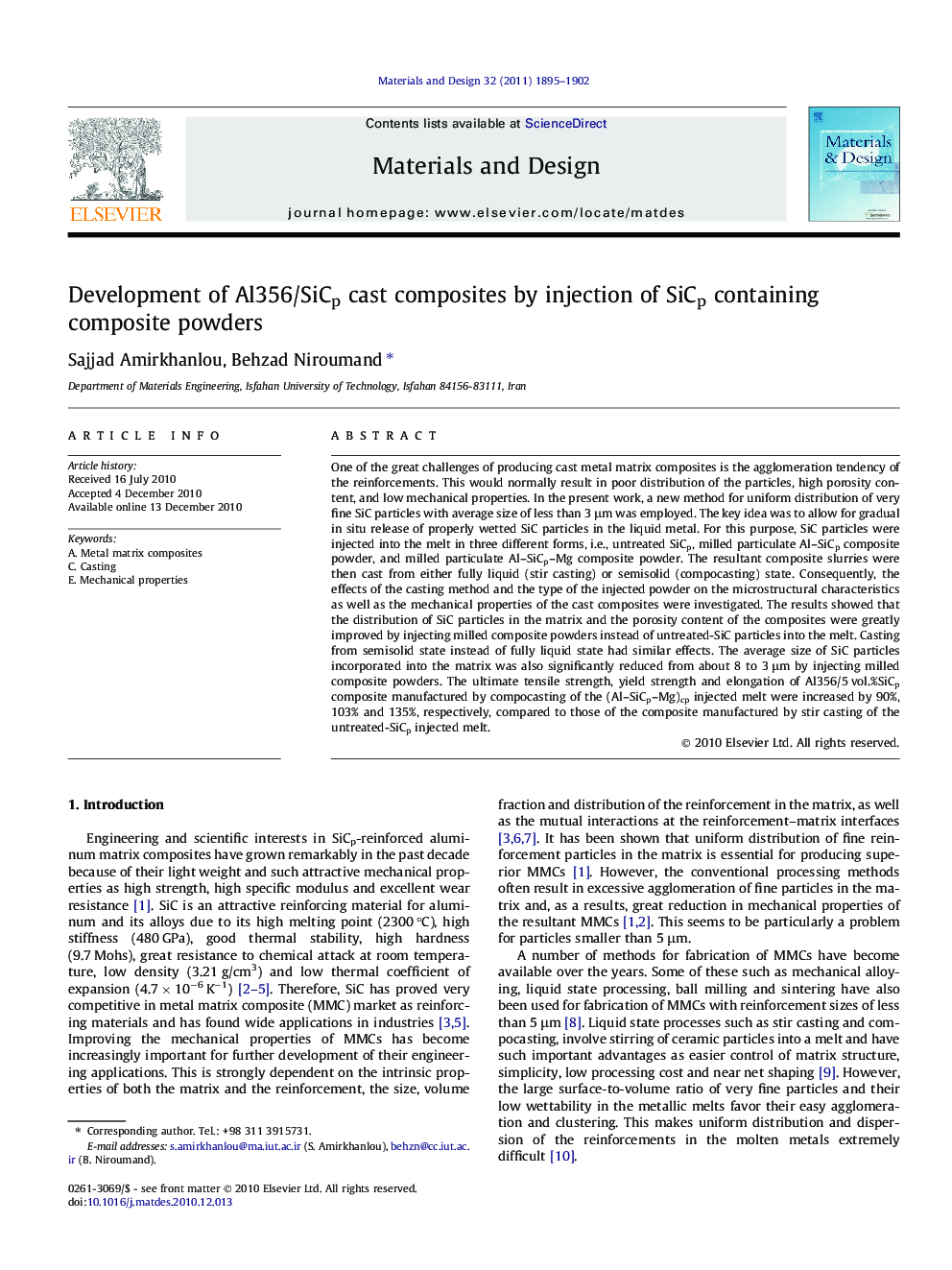 Development of Al356/SiCp cast composites by injection of SiCp containing composite powders