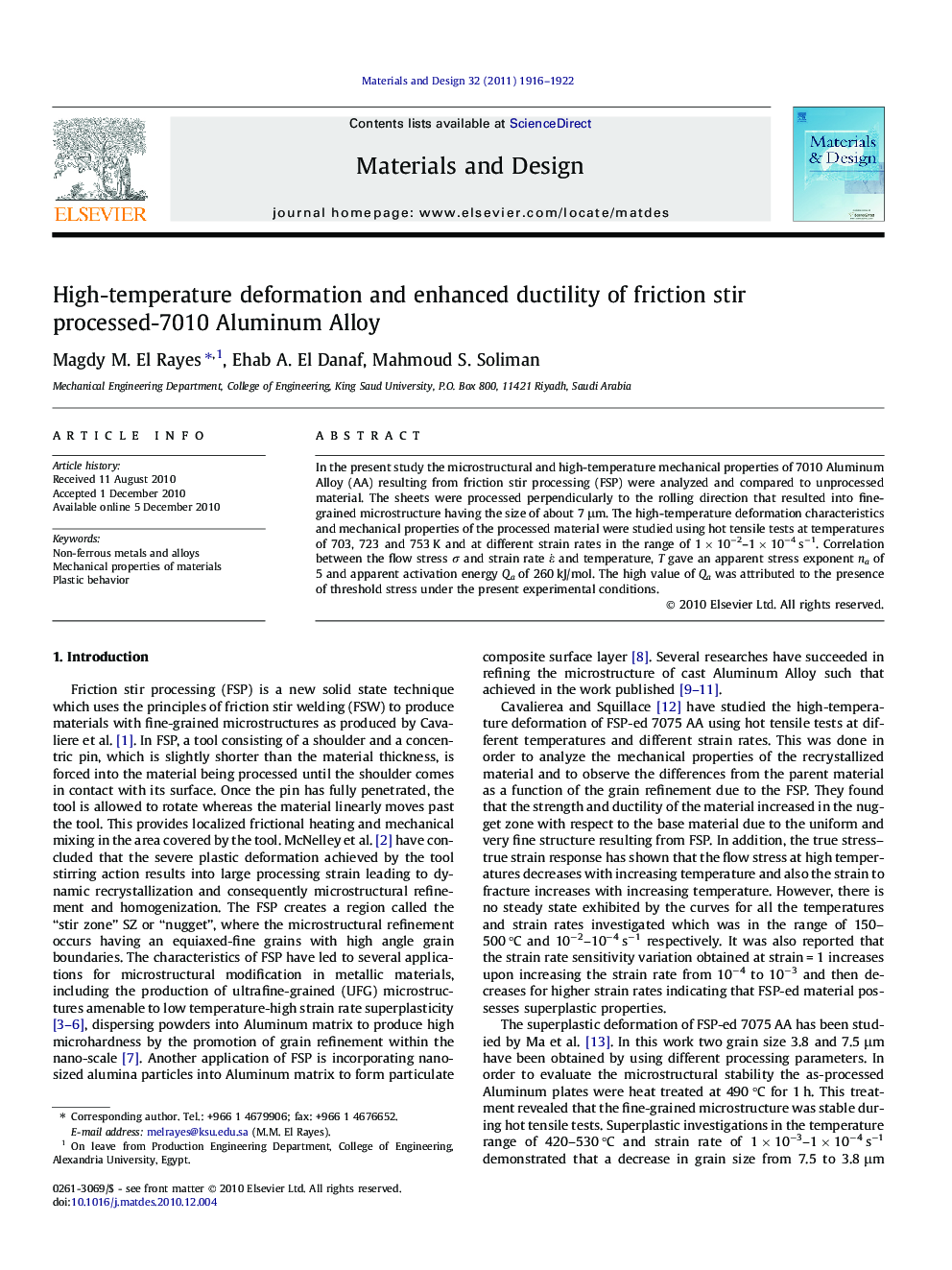 High-temperature deformation and enhanced ductility of friction stir processed-7010 Aluminum Alloy