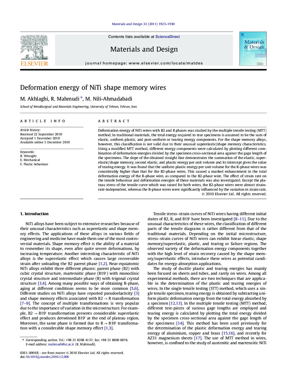 Deformation energy of NiTi shape memory wires