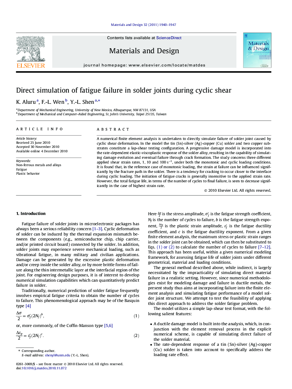 Direct simulation of fatigue failure in solder joints during cyclic shear