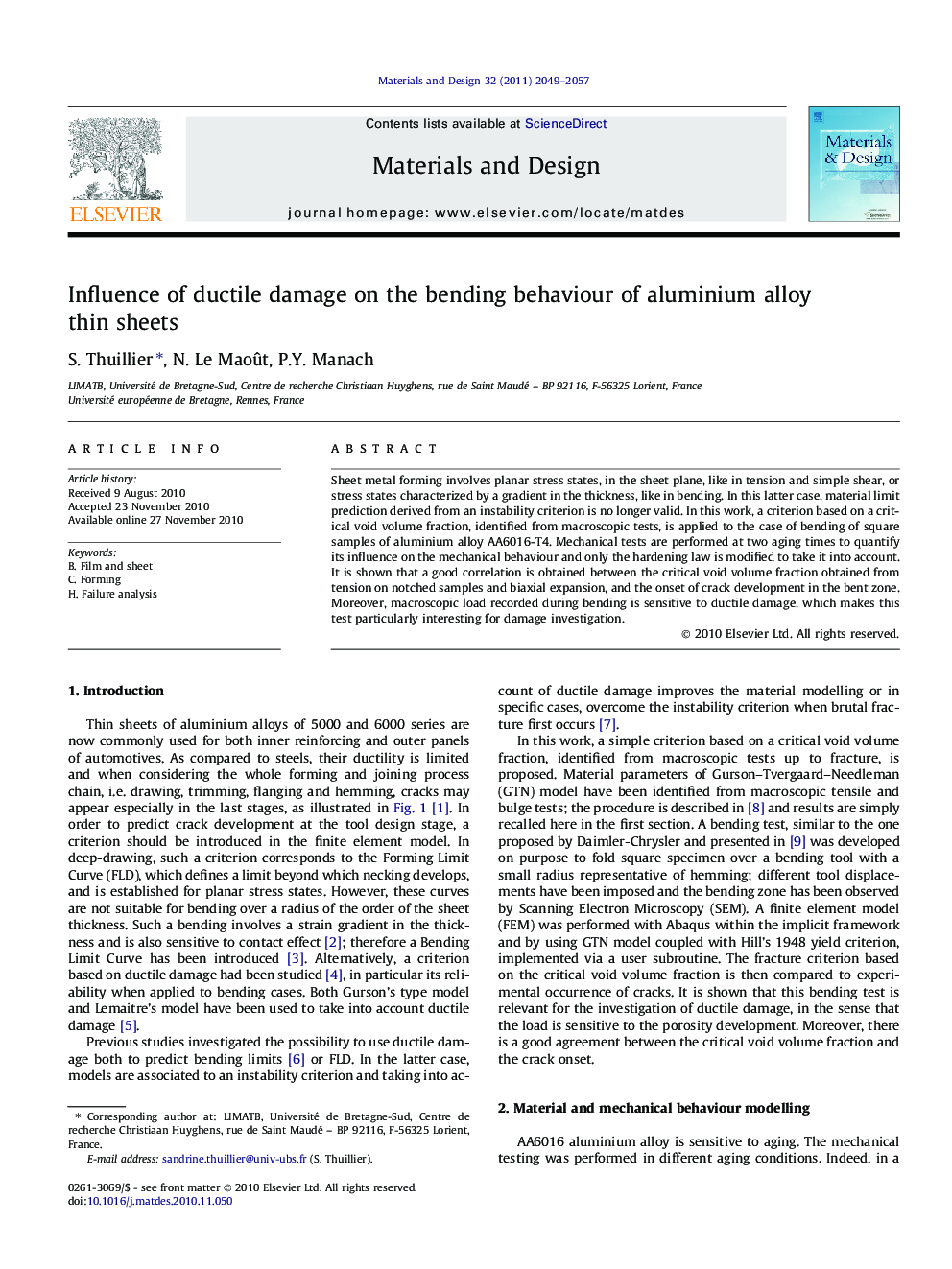 Influence of ductile damage on the bending behaviour of aluminium alloy thin sheets