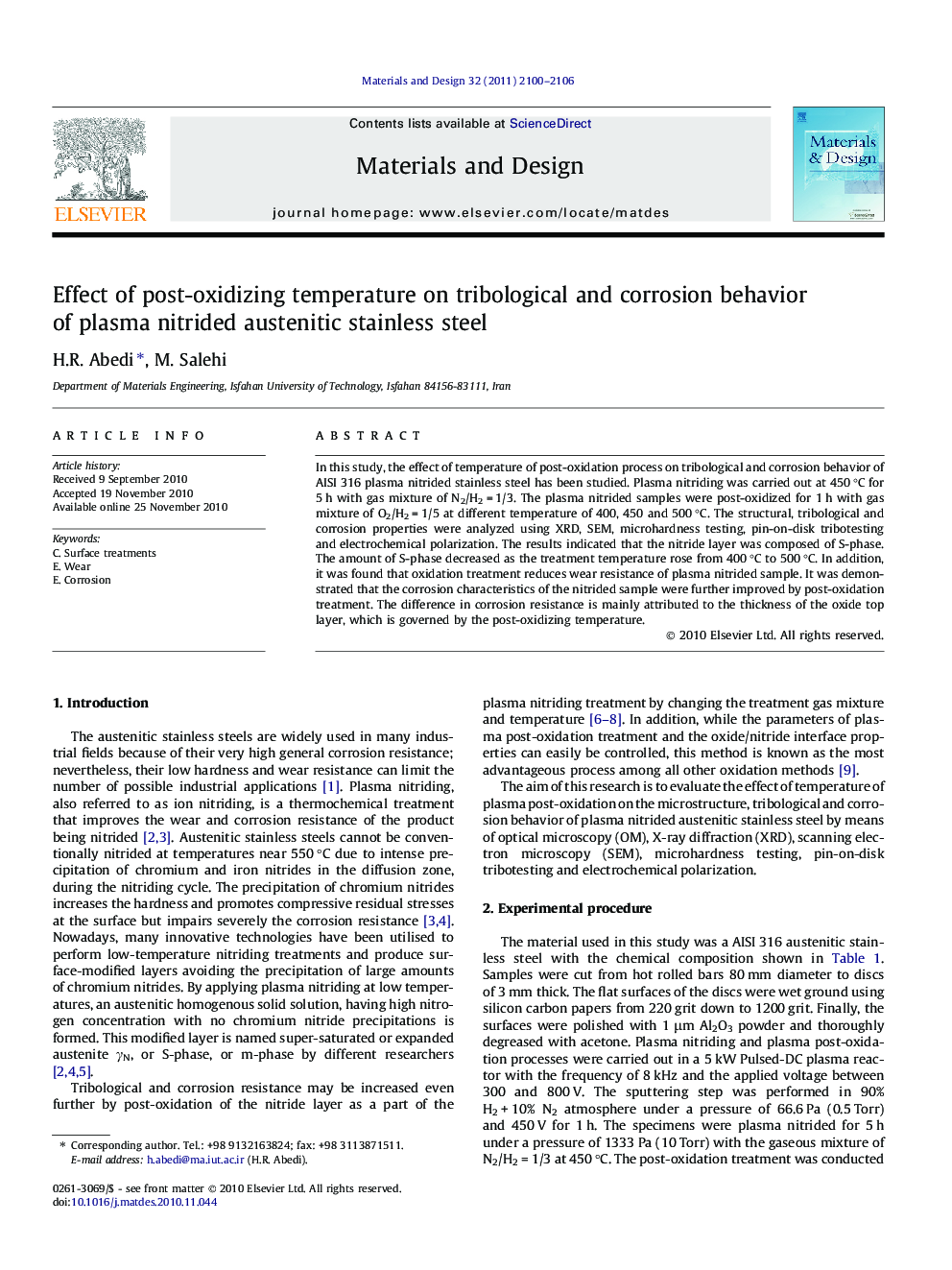 Effect of post-oxidizing temperature on tribological and corrosion behavior of plasma nitrided austenitic stainless steel