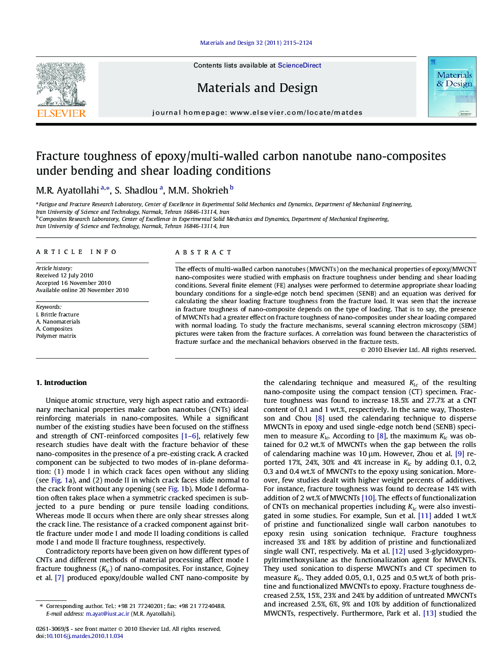 Fracture toughness of epoxy/multi-walled carbon nanotube nano-composites under bending and shear loading conditions