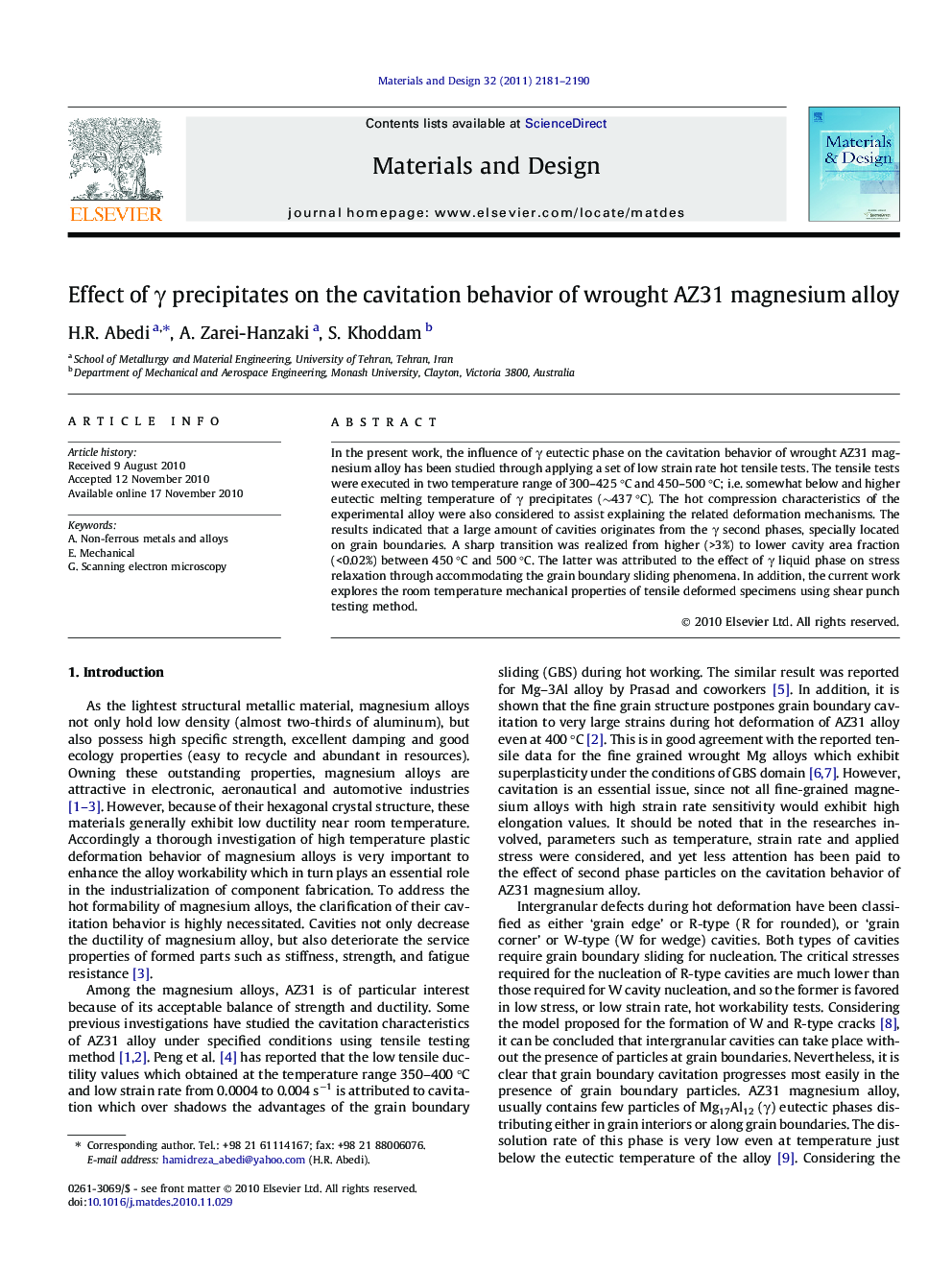 Effect of Î³ precipitates on the cavitation behavior of wrought AZ31 magnesium alloy