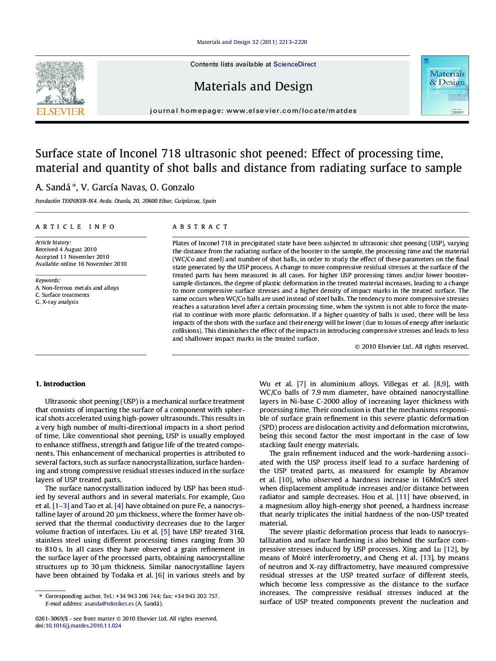 Surface state of Inconel 718 ultrasonic shot peened: Effect of processing time, material and quantity of shot balls and distance from radiating surface to sample