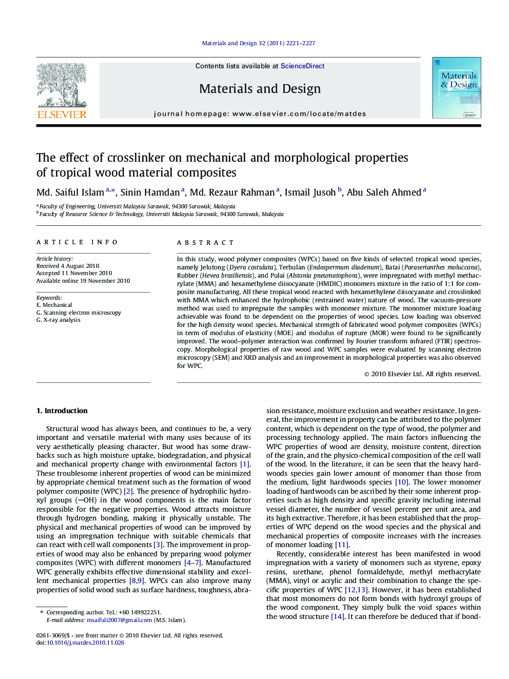 The effect of crosslinker on mechanical and morphological properties of tropical wood material composites
