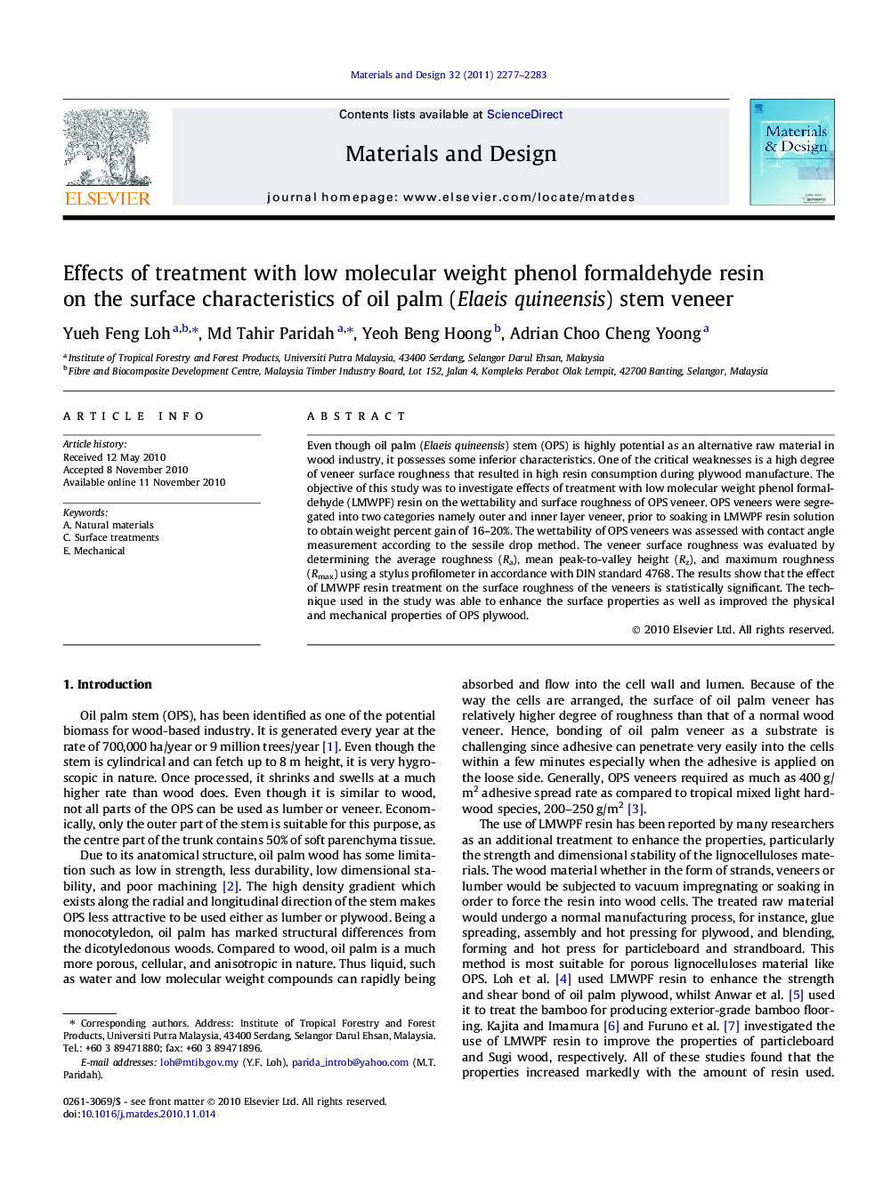 Effects of treatment with low molecular weight phenol formaldehyde resin on the surface characteristics of oil palm (Elaeis quineensis) stem veneer