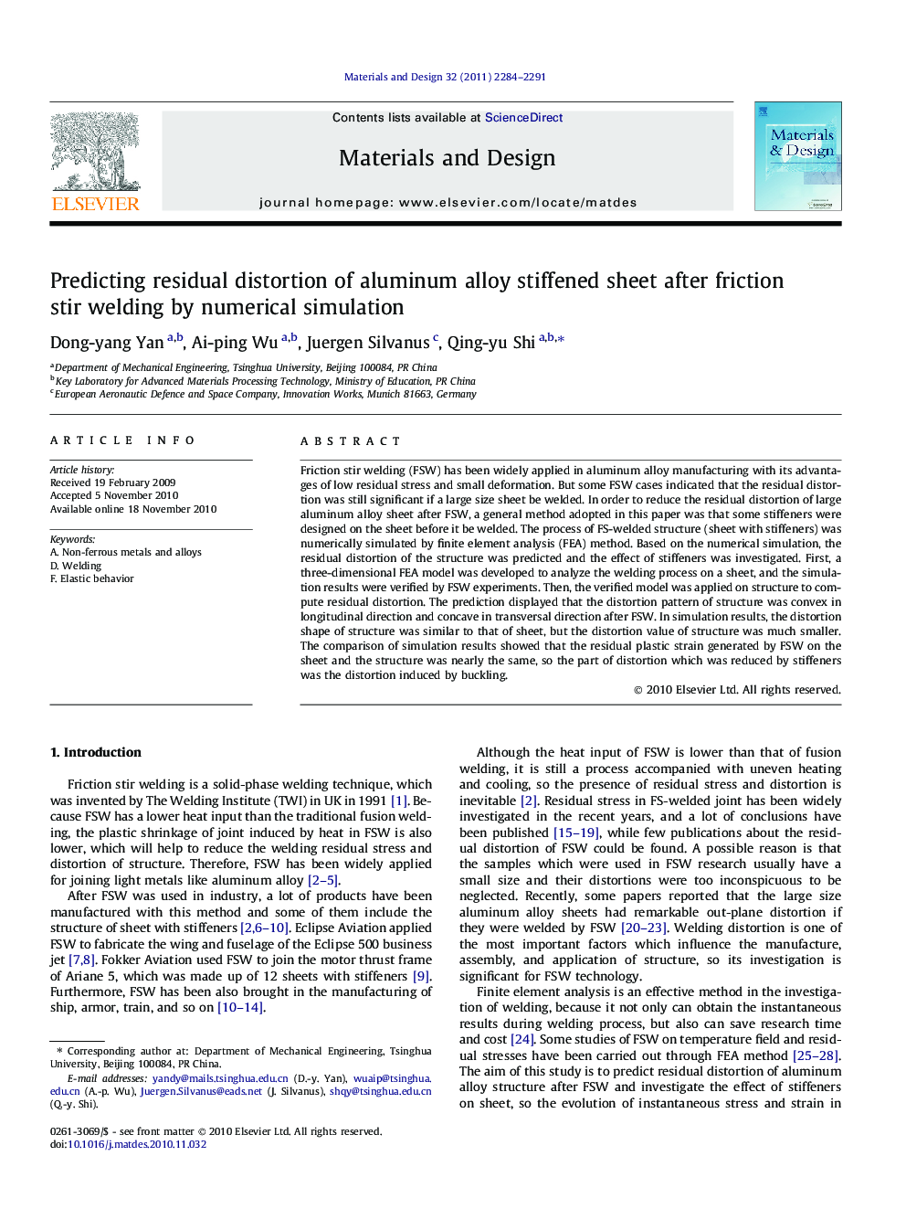 Predicting residual distortion of aluminum alloy stiffened sheet after friction stir welding by numerical simulation