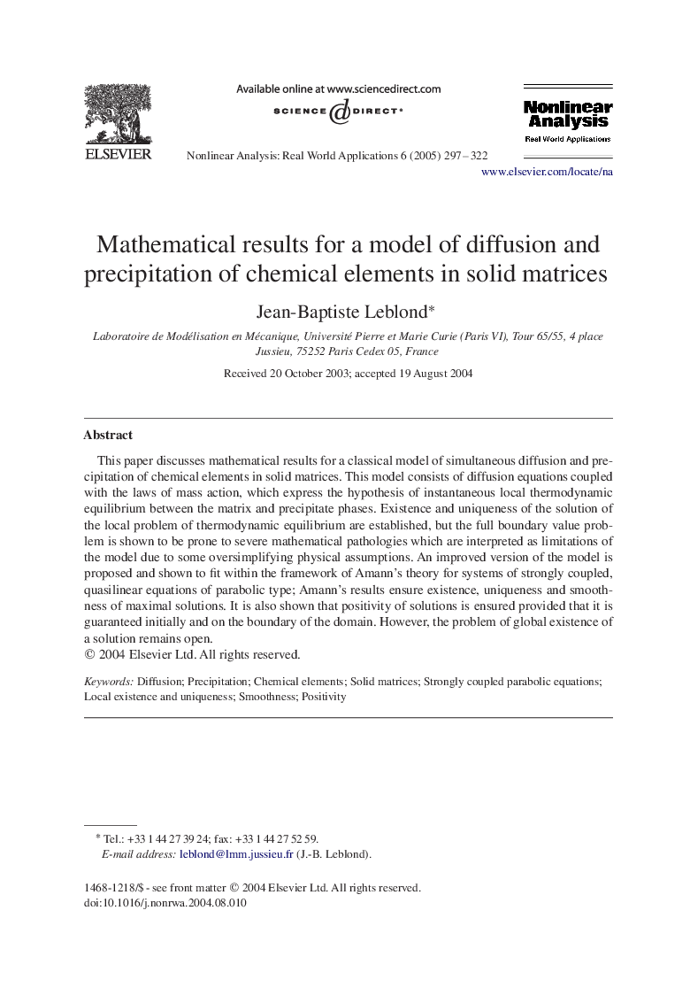 Mathematical results for a model of diffusion and precipitation of chemical elements in solid matrices