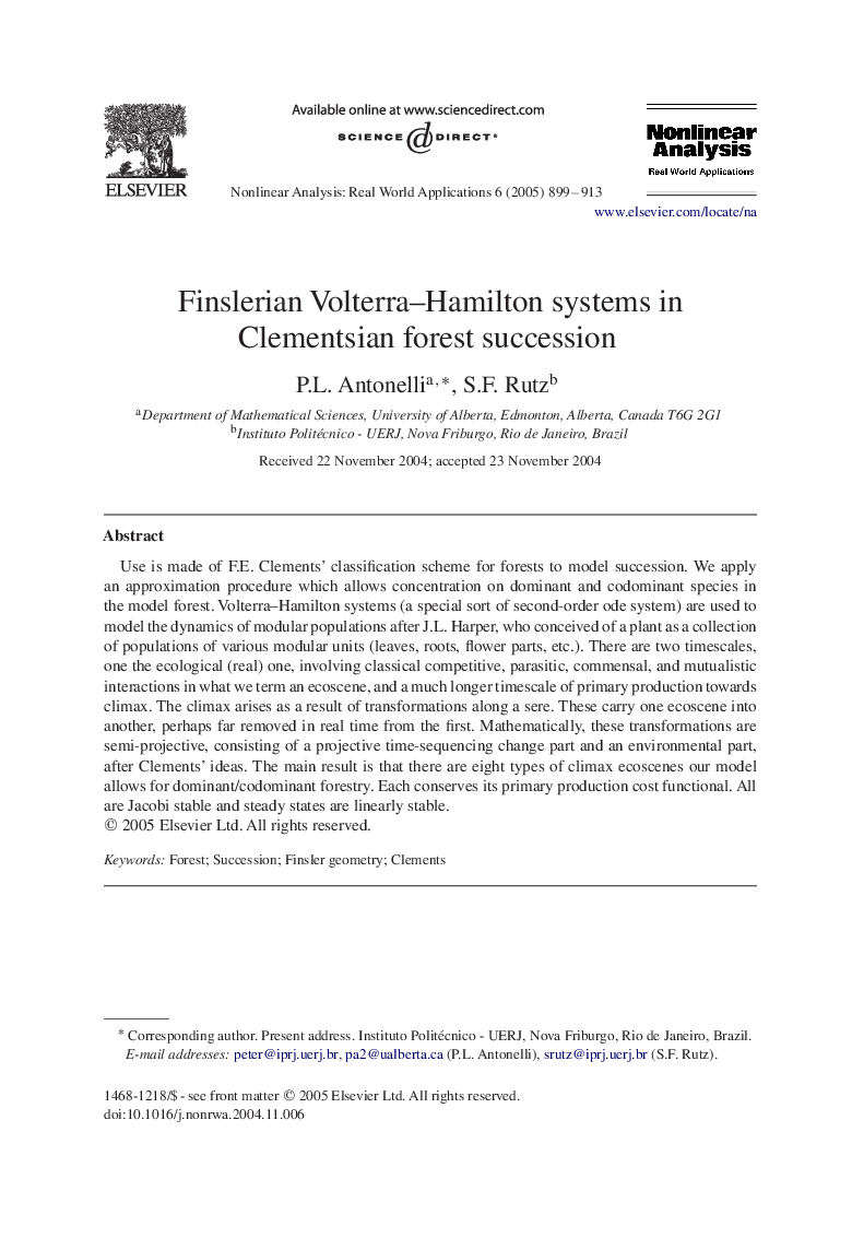 Finslerian Volterra-Hamilton systems in Clementsian forest succession