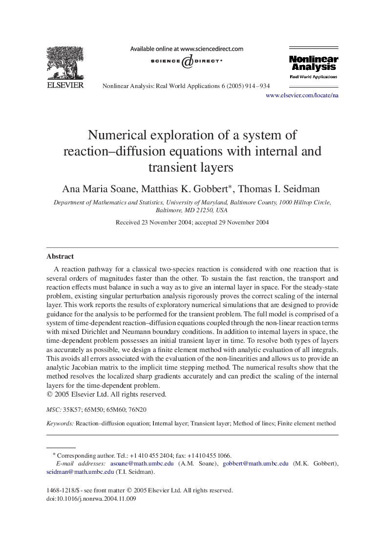 Numerical exploration of a system of reaction-diffusion equations with internal and transient layers