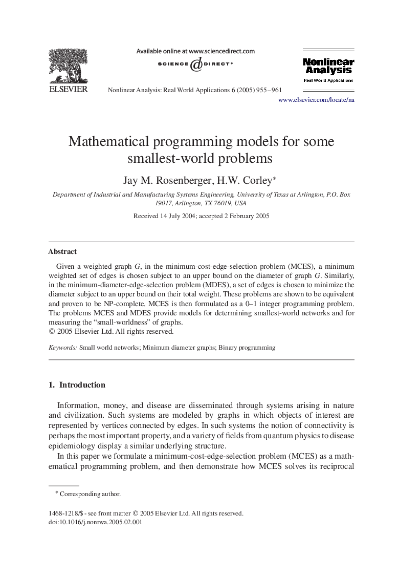 Mathematical programming models for some smallest-world problems