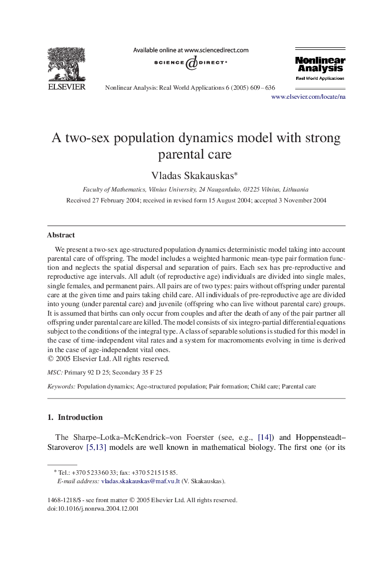 A two-sex population dynamics model with strong parental care