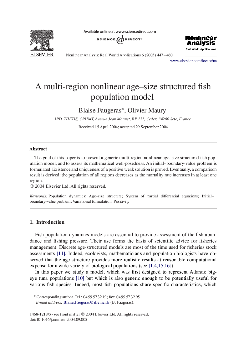 A multi-region nonlinear age-size structured fish population model