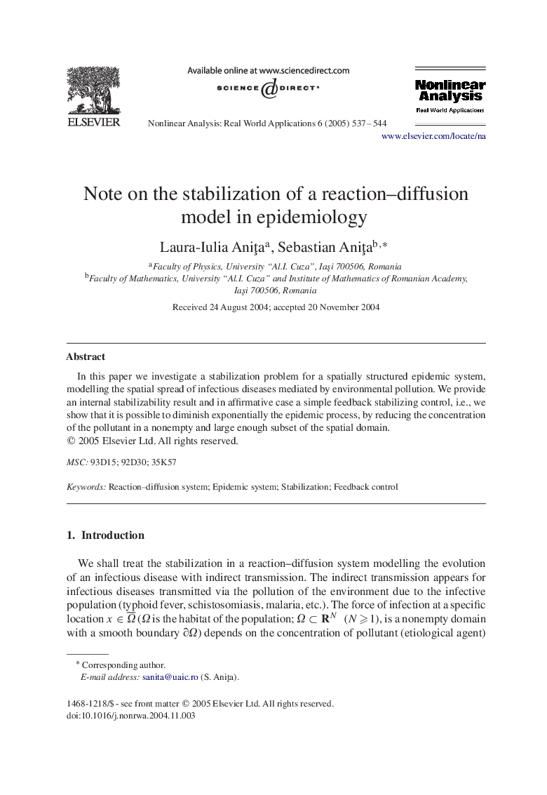 Note on the stabilization of a reaction-diffusion model in epidemiology