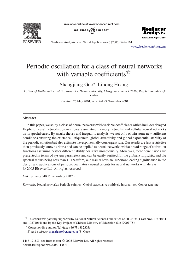 Periodic oscillation for a class of neural networks with variable coefficients