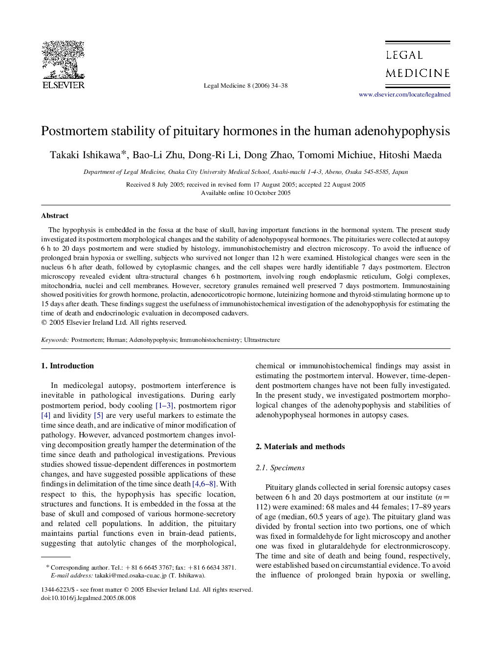 Postmortem stability of pituitary hormones in the human adenohypophysis