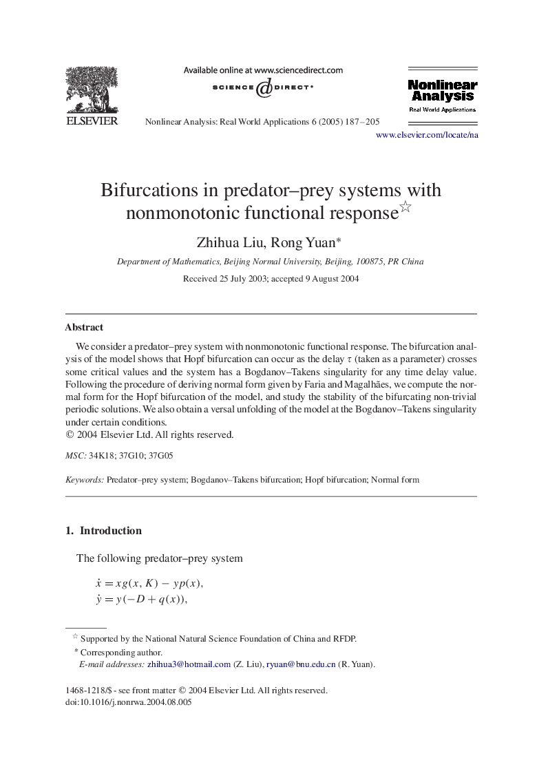 Bifurcations in predator-prey systems with nonmonotonic functional response