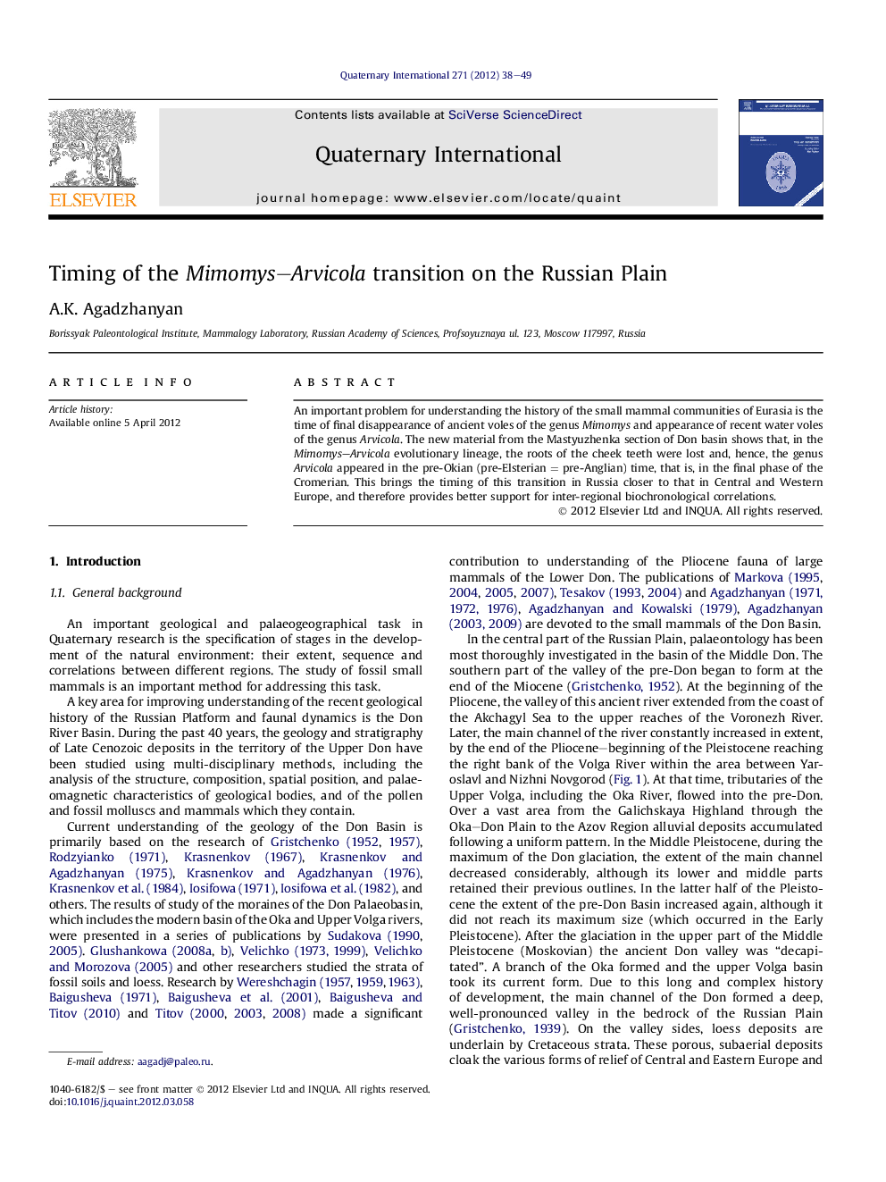 عکس صفحه اول مقاله: Timing of the Mimomys–Arvicola transition on the Russian Plain Timing of the Mimomys–Arvicola transition on the Russian Plain