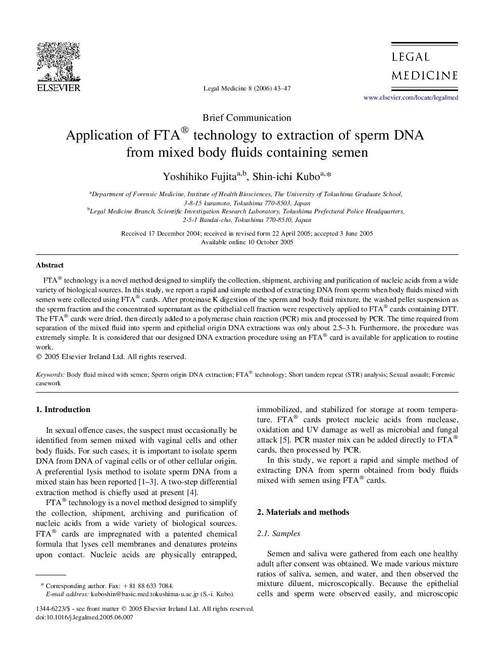 Application of FTA® technology to extraction of sperm DNA from mixed body fluids containing semen