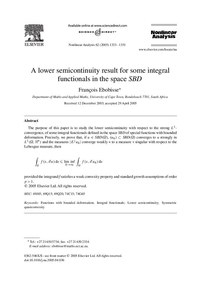 A lower semicontinuity result for some integral functionals in the space SBD