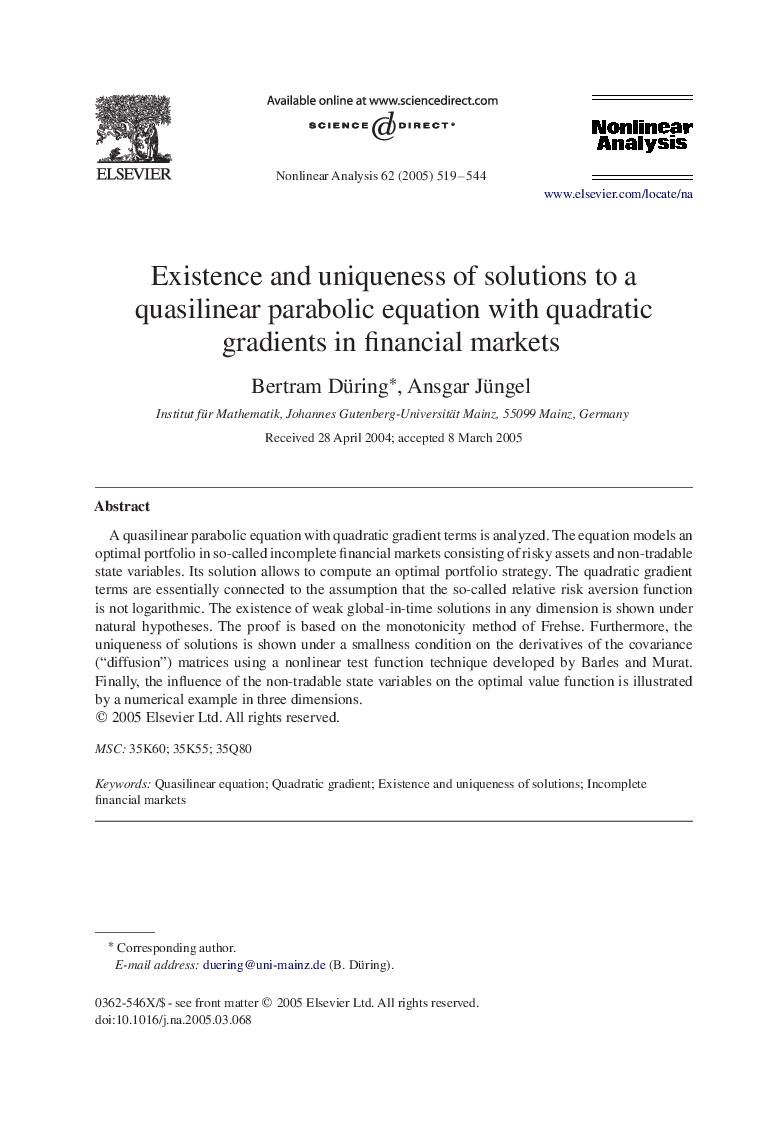 Existence and uniqueness of solutions to a quasilinear parabolic equation with quadratic gradients in financial markets