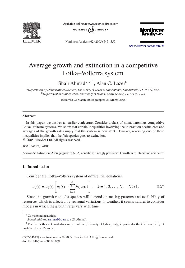 Average growth and extinction in a competitive Lotka-Volterra system