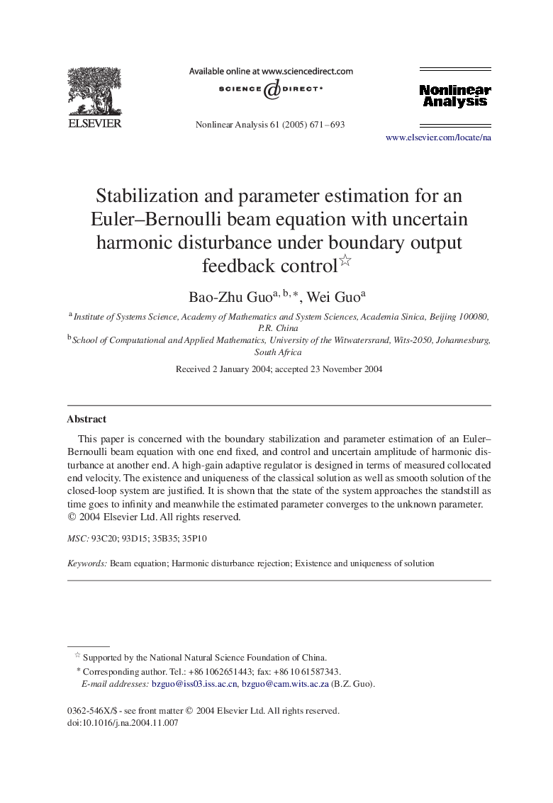 Stabilization and parameter estimation for an Euler-Bernoulli beam equation with uncertain harmonic disturbance under boundary output feedback control