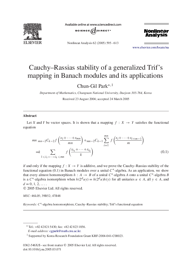 Cauchy-Rassias stability of a generalized Trif's mapping in Banach modules and its applications