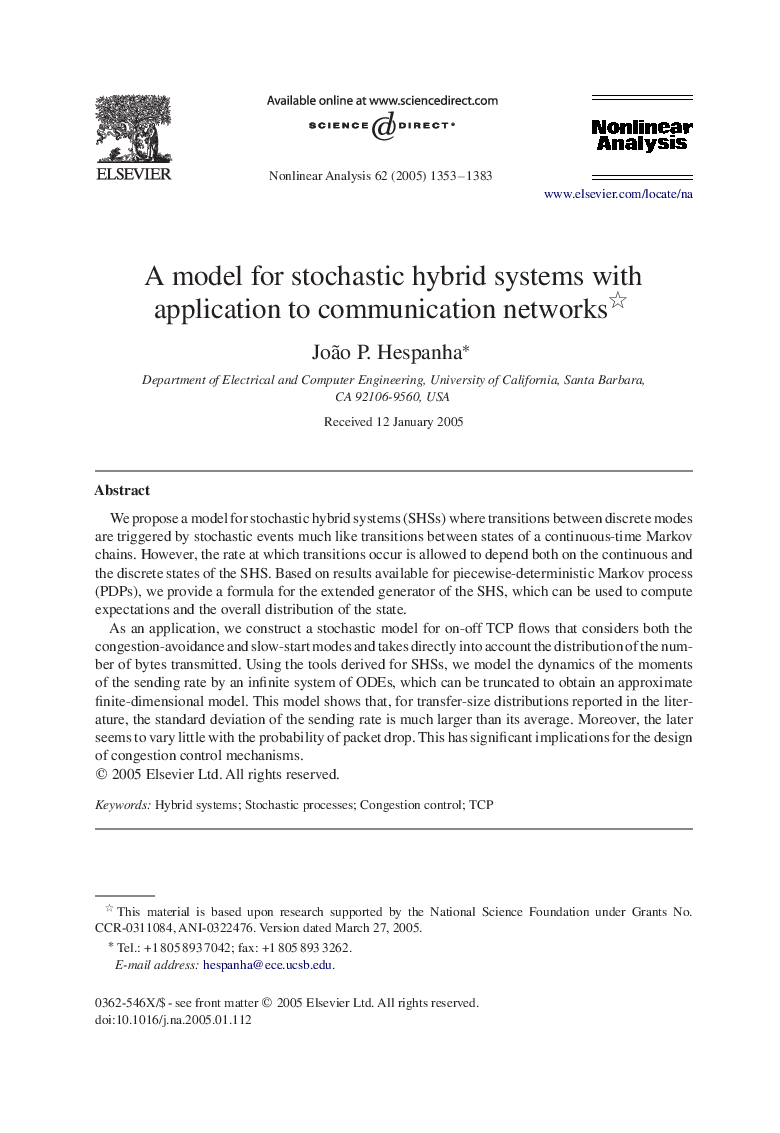 A model for stochastic hybrid systems with application to communication networks