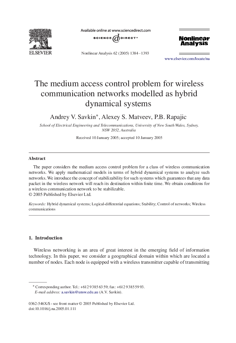 The medium access control problem for wireless communication networks modelled as hybrid dynamical systems