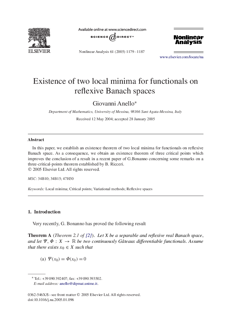 Existence of two local minima for functionals on reflexive Banach spaces
