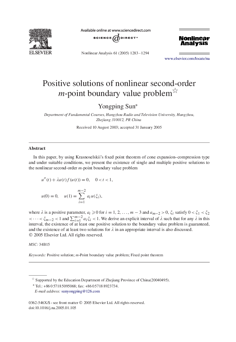 Positive solutions of nonlinear second-order m-point boundary value problem