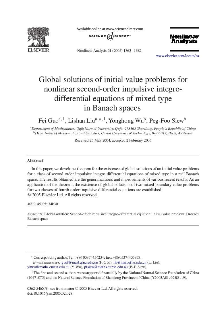 Global solutions of initial value problems for nonlinear second-order impulsive integro-differential equations of mixed type in Banach spaces